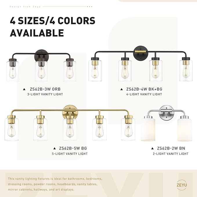 zeyu Farmhouse 4-Light Bathroom Vanity Light, 30 Inch Bathroom Lights Over Mirror, Black and Gold Finish with Clear Glass, ZS62B-4W BK+BG