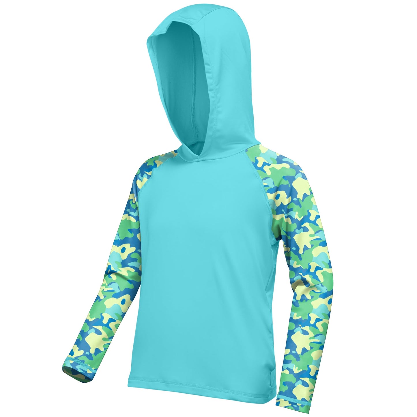 DRONIRING Boys Rash Guard Swim Hoodie, UPF 50+ UV Sun Protection Long Sleeve Fishing Shirt, Kids Youth SPF Water Shirts Crystal Blue
