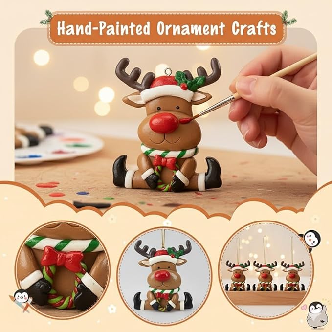 Set of 3 Cute Reindeer Hanging Christmas Tree Ornaments - Hand-Painted Resin Holiday Home Decor & Gift - Durable, Lightweight Xmas Decoration for Family, Friends, Teachers (Deer)