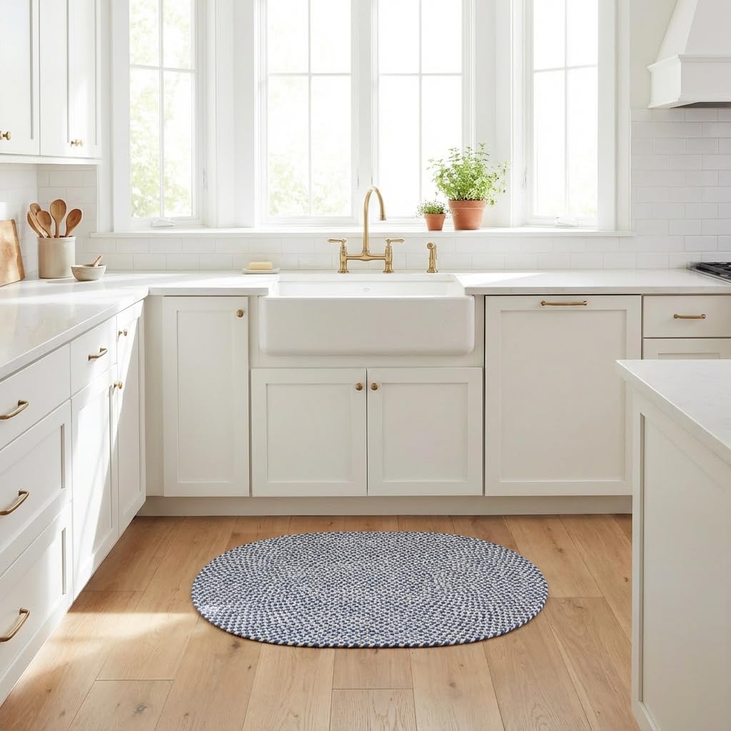Super Area Rugs Tri-Color Cotton Farmhouse Braided Rug - Buffalo Check Blue,White,Gray 2' X 3' Oval