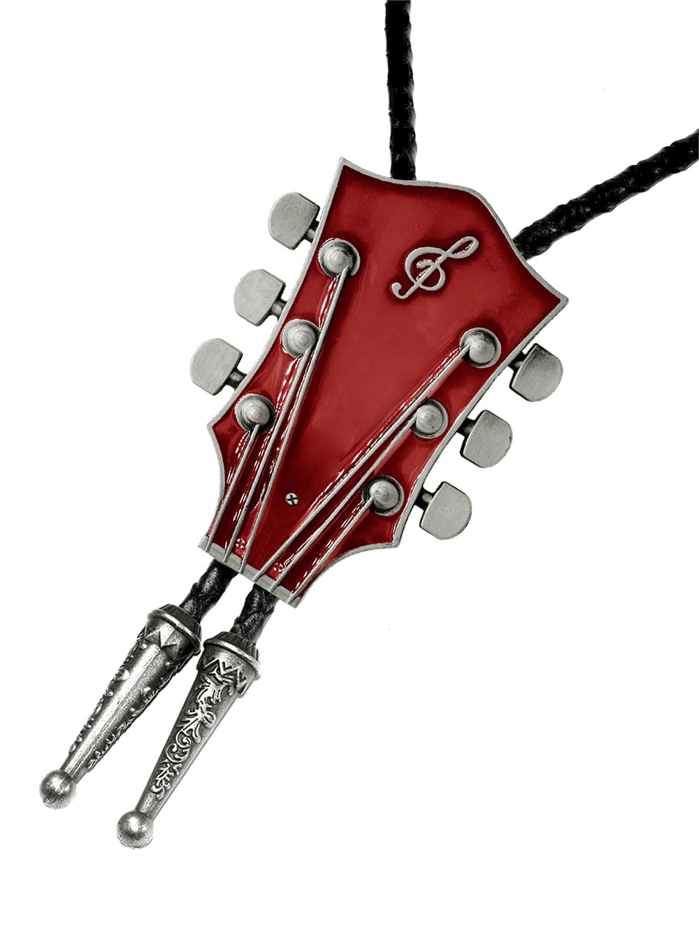 Moranse Bolo Tie With Guitar Music Lover Design Cowboy and Genuine Cowhide Rope (Red 2)