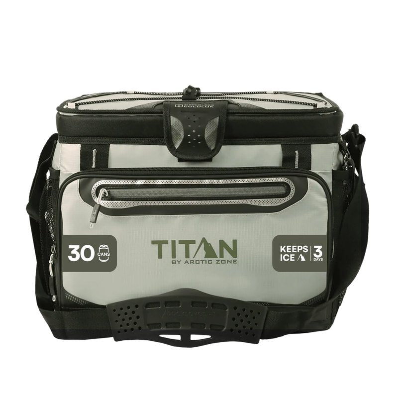 Titan by Arctic Zone Zipperless Soft Sided Cooler with HardBody Liner and SmartShelf, Insulated Bag with Shoulder Strap and Bottle Opener for Beach, Picnic, and Travel, 30 Can Capacity, Seagrass