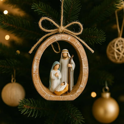 Holy Family Oval Nativity Set Hanging Christmas Ornament, Hand-Painted Resin with Jute Bow, Rustic Faux-Wood Ring, Religious Gift Xmas Tree/Wreath Décor (Nativity Scene)