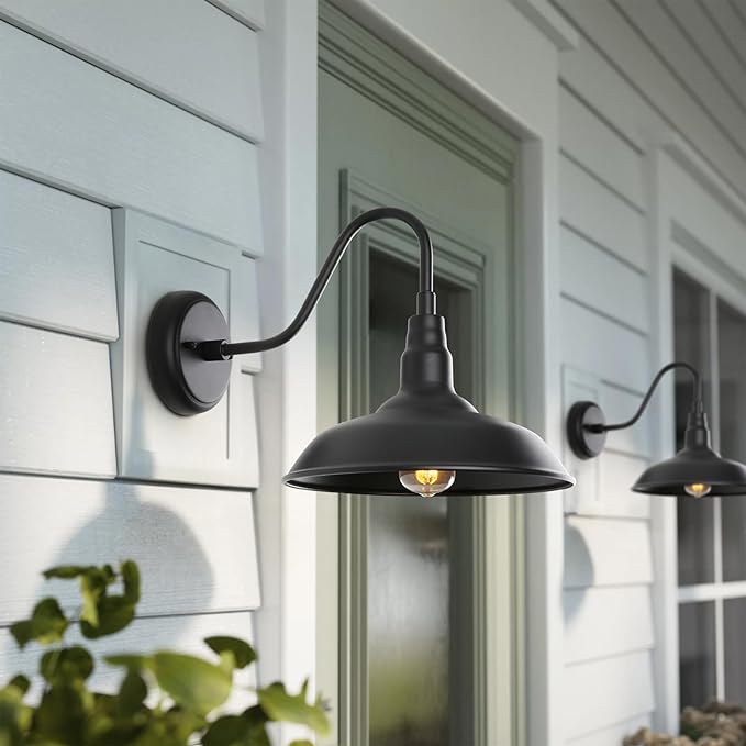 Black Outdoor Barn Light with Wall Mount 2 Pack Exterior Gooseneck Lights with 10" Dome, Farmhouse Style Outside Wall Sconce for House, Porch, Patio