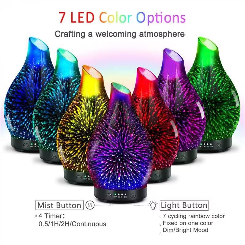 Essential Oil Diffuser 120ML Glass Ultrasonic Aromatherapy Oil Diffuser-Aroma Humidifier Glass Diffuser,7 Color Changing Light Waterless Auto-Off-Ultra-Quiet for Sleeping Yoga Home Office and Spa