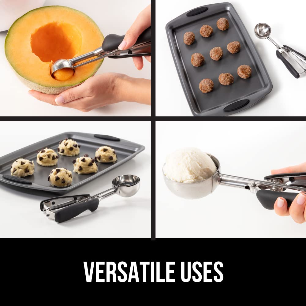 GORILLA GRIP Stainless Steel Cookie Scoop for Baking, 2 TBSP, Multipurpose Melon Baller, Meatball Spring Scoops, Perfect Portion Sizes, Easy Food Release, Scooper Size 40, BPA-Free Kitchen Tool, Black