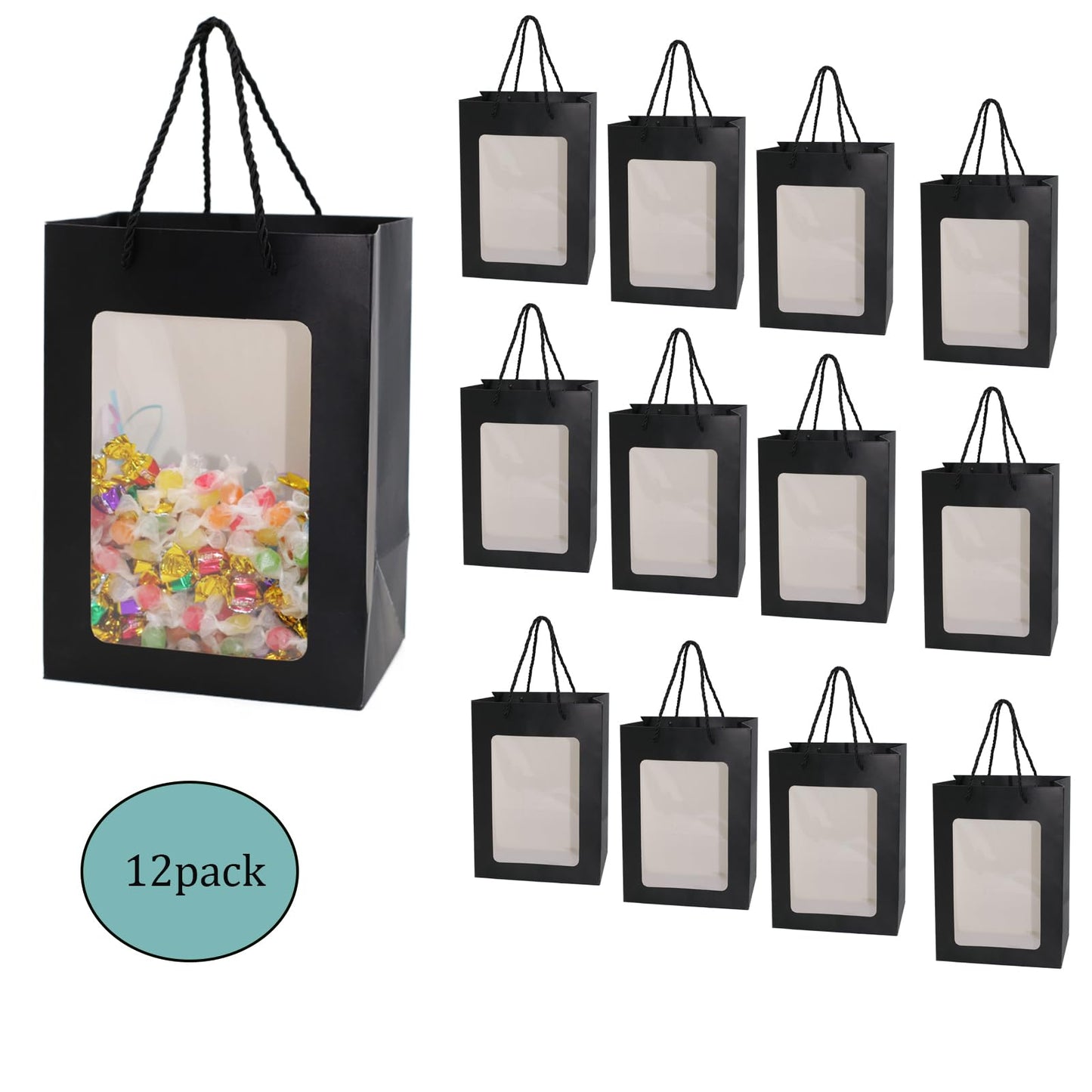 FUGOCOOG 12 Pcs Gift Kraft Paper Bags with Transparent Clear Window 9.8"x7"x5" Party Favor Bags with Handles for Shopping Business Christmas Birthdays Festivals Party Weddings Baby Shower (Black)