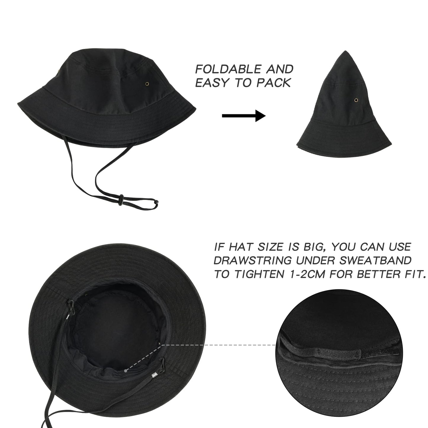 BOTVELA Men Cotton Bucket Hats Foldable Outdoor Sun Hat Unisex Flat Top Caps (Black, 7 3/4)