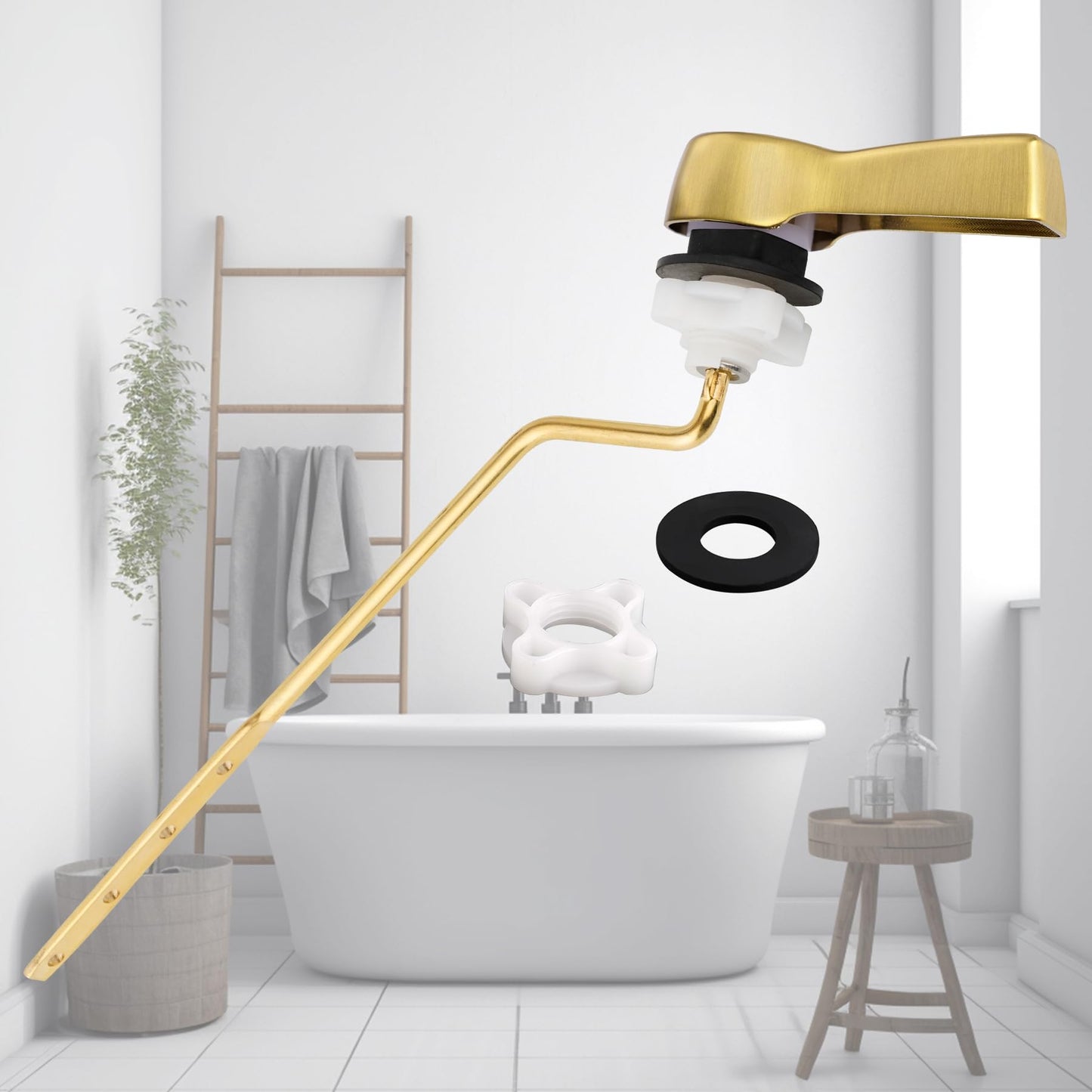 Hibbent Universal Metal Side Mount Toilet Handle Replacement Kit, Brass Toilet Flush Tank Lever with Stainless Steel Flapper Chains for Most Toilets, Brushed Gold