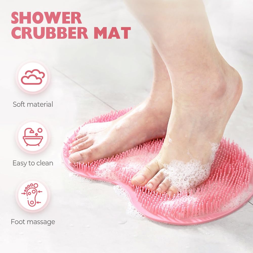 Silicone Shower Foot Scrubber Mat, 2025 New Foot Back Cleaning Pad Back Washer Exfoliating Bath Wash Pad, Shower Foot Scrubber Mat with Non-Slip Suction Cups (Gray)
