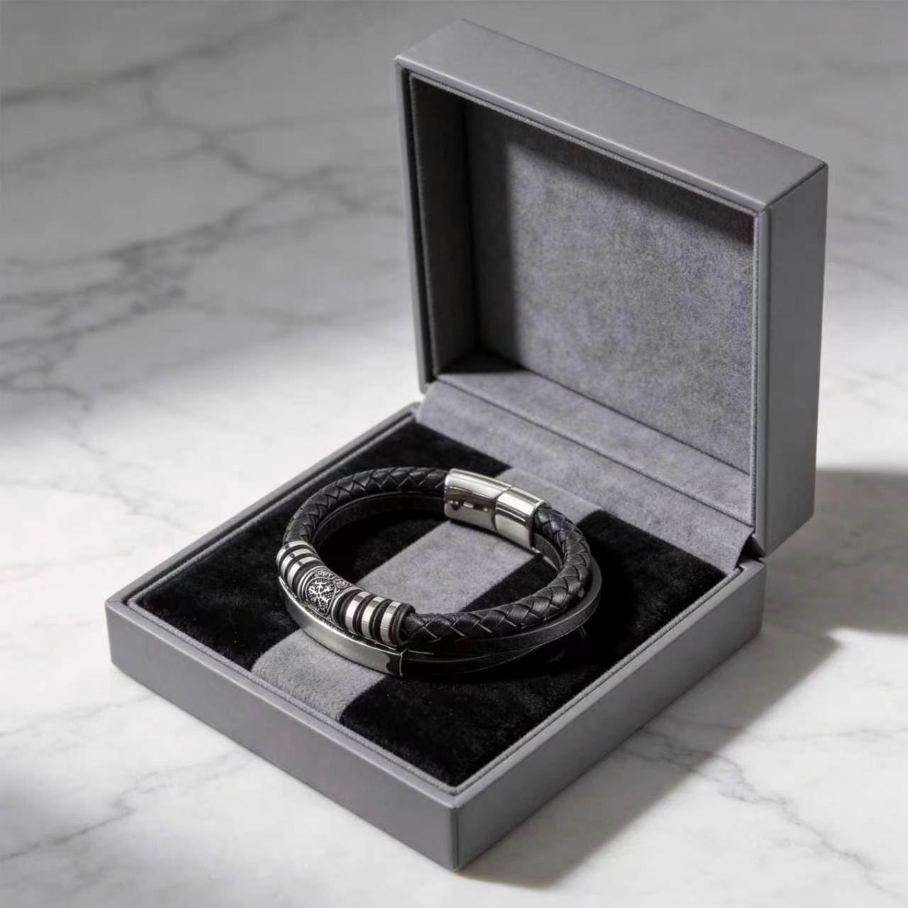 Kim Carrey Italian Handmade Genuine Leather Bracelets for Men Stainless Steel Clip, Men's Casual Genuine Multi-layer Cuff Bracelet, Bracelet Gift for Real Men (8.6" Viking)