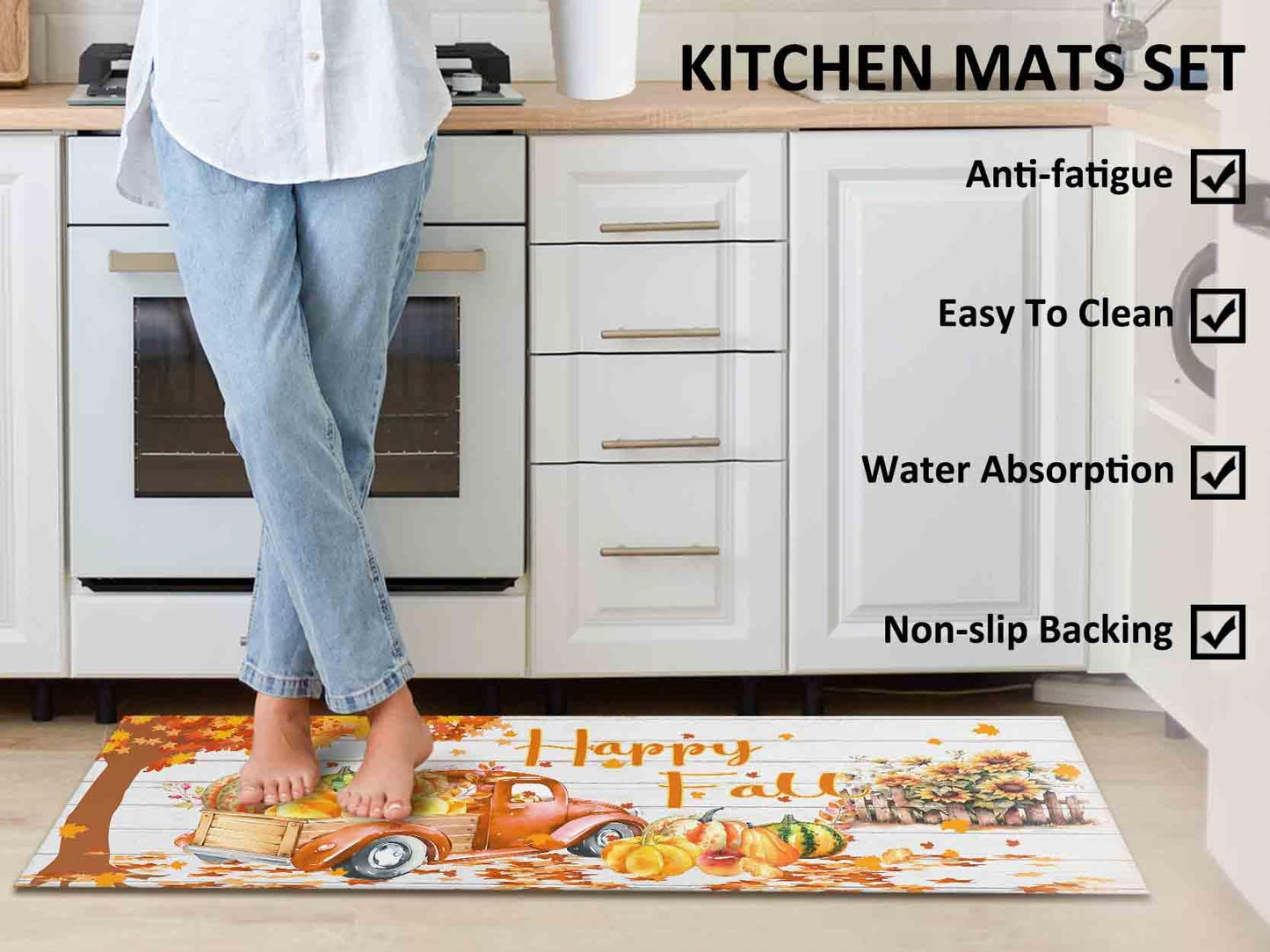 Noulmea Happy Fall Pumpkin Decorative Kitchen Rugs Set of 2, Home Seasonal Fall Holiday Party Autumn Harvest Thanksgiving Kitchen Floor Mat 17"x47"+17"x30"