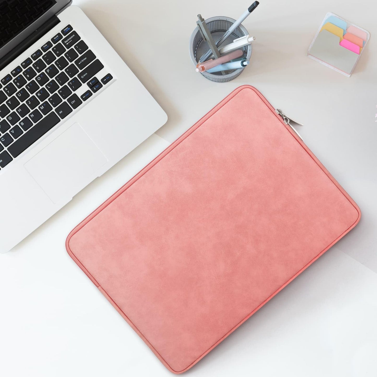 RAINYEAR 14 Inch Laptop Sleeve Protective Case PU Suede Leather Zipper Padded Cover Water Resistant Carrying Bag Compatible with 14" Notebook Computer Chromebook(Coral)