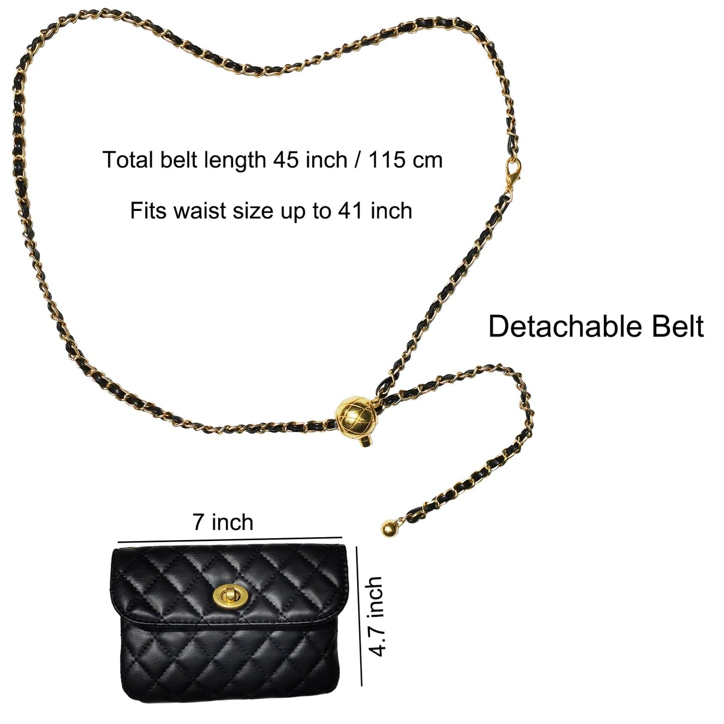 Larswon Chain Belt Bag for Women, Synthetic Leather Belt Purse Chain Purse Mini Goth Fanny Pack Fashion Waist Packs Detachable Small