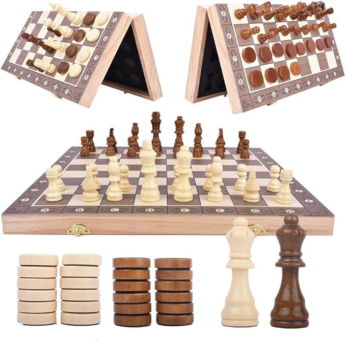 15 Inch Wooden Magnetic Chess Set with Folding Board &amp Storage – Includes Checkers Fun Strategy Game for Kids and Adults Great for Family Game Night