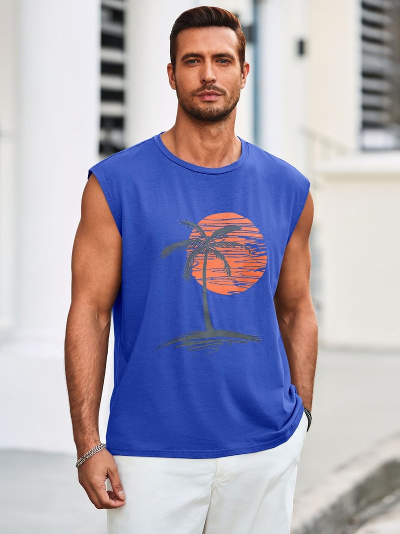 Runcati Mens Sleeveless Tank Tops Workout Gym Muscle Shirts Palm Tree Vintage Hawaiian Summer Beach T Shirts Blue