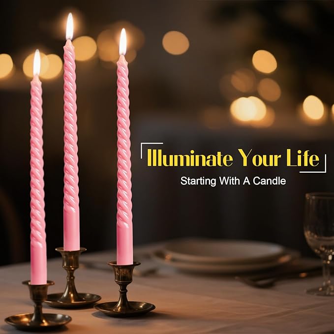 Tobeape Pink Twisted Taper Candles Set of 12, 10 Inch Tall Unscented Dripless, Smokeless Spiral Tapered Candlestick for Wedding Home Décor Dinner Birthday Party Valentine's Day - 8 Hour Long Burning