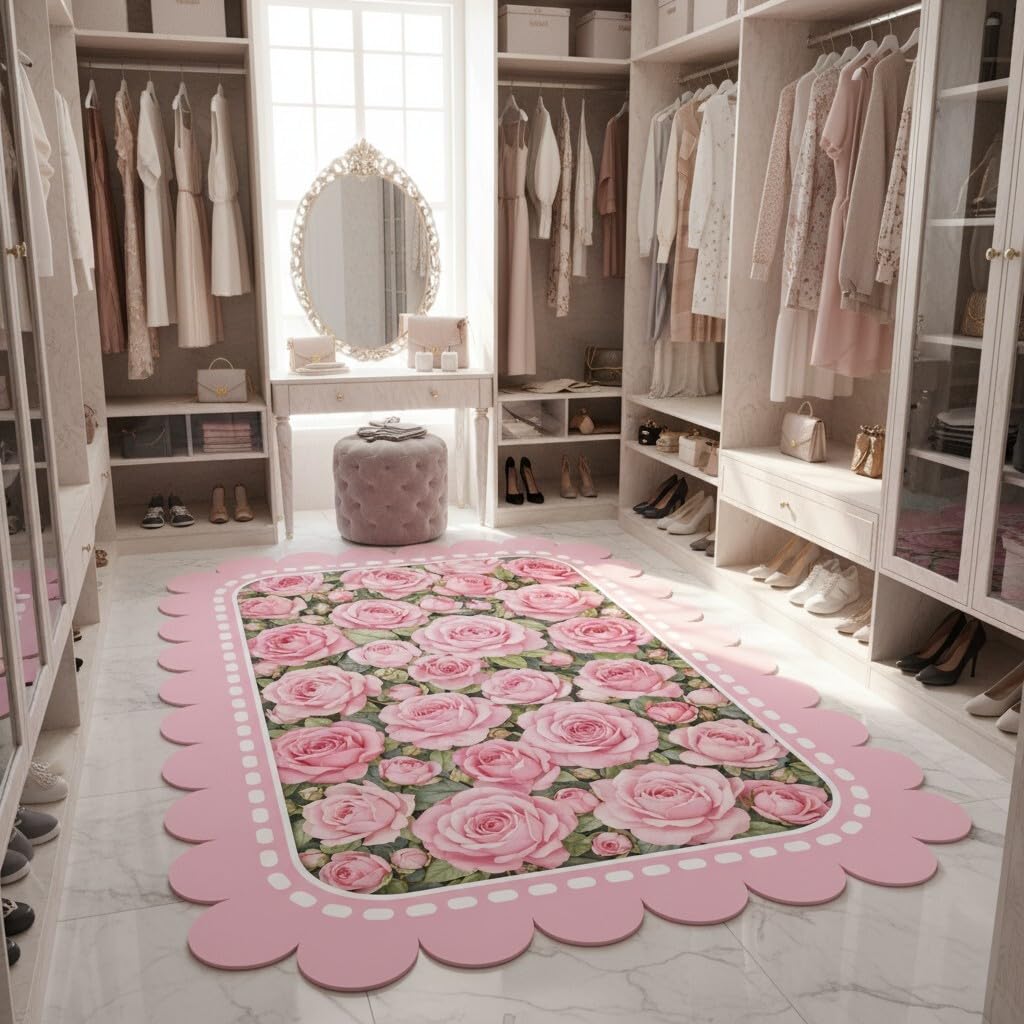 FVPSORBAT Pink Floral Washable Rugs 3x5 Scalloped Edge Rug Modern Geometric Border Flower Rugs for Living Room Bedroom Guestroom Farmhouse Nursery College Dorm Office Lightweight Non Slip Area Rug