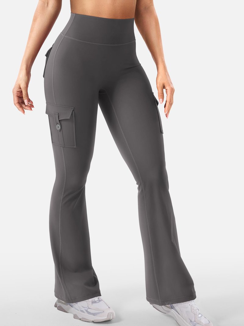 YEOREO CoreFlex Women Workout Flare Leggings with Pockets Hidden Scrunch High Waisted Cargo Gym Yoga No Front Seam Leggings Dark Grey M