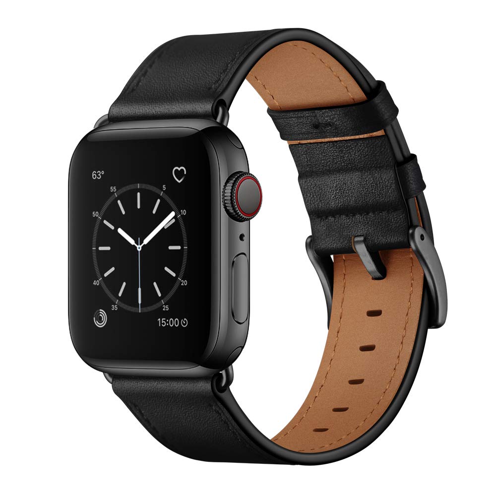 OUHENG Leather Bands Compatible with Apple Watch Band 42mm 41mm 40mm 38mm, Genuine Leather Strap Compatible with Apple Watch Series 11/10/9/8/7/6/5/4/3/2/1 & SE3 SE2 SE, Black/Black
