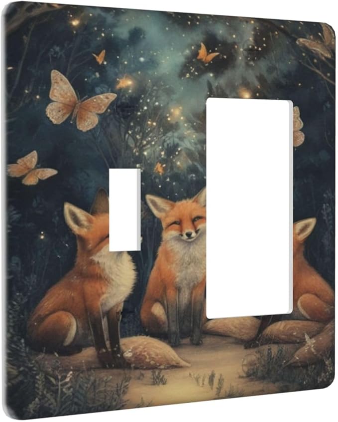 Decorative Art Light Switch Covers Foxes & Forest 2 Gang Single Toggle Rocker Combination Electrical Faceplate Switchplate Wall Plate for Home Decor