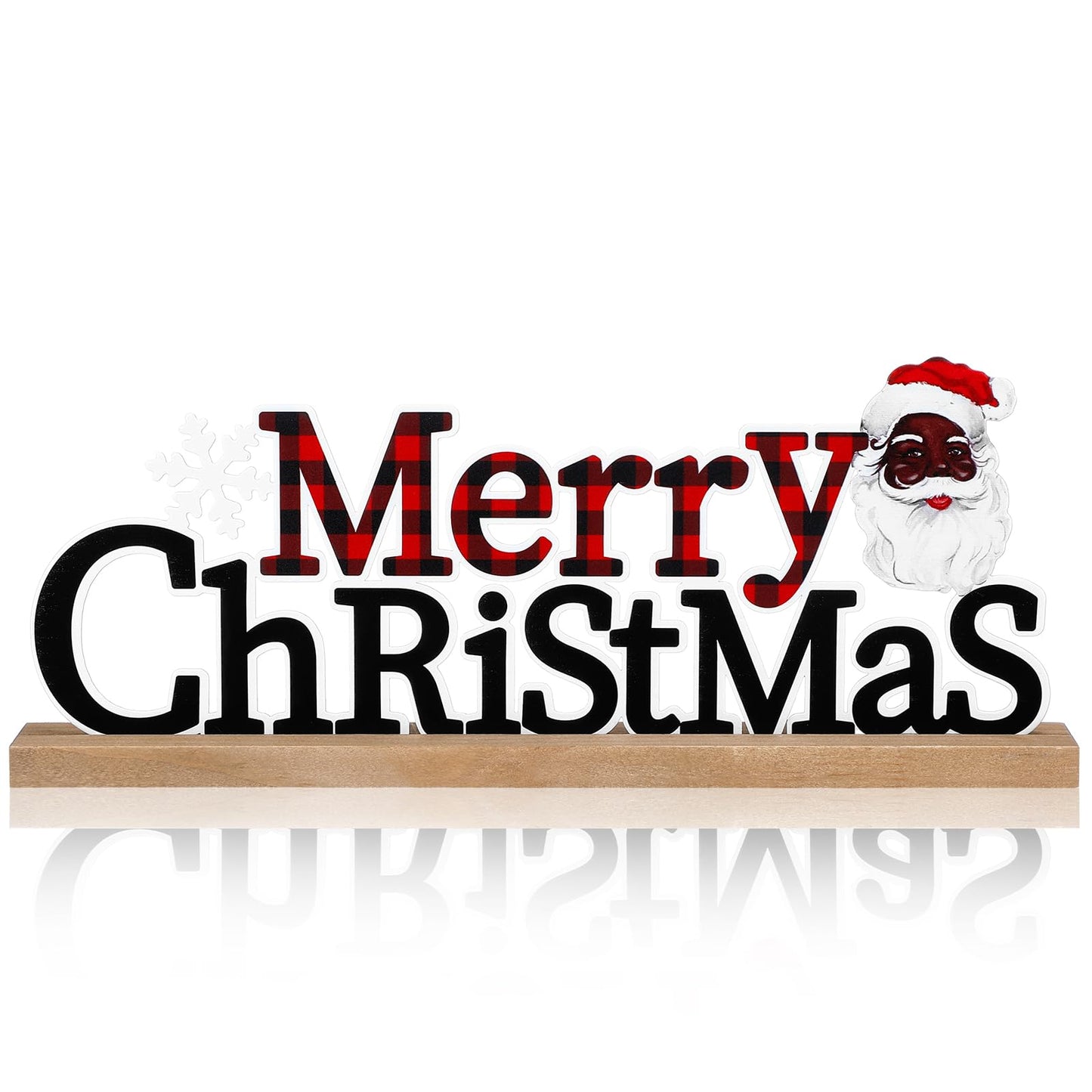 Realspring Merry Christmas Metal Sign African American Table Decor Christmas Black Santa and Red Black Buffalo Plaid Decor with Wooden Base for Tiered Tray Home Tabletop Centerpiece Mantel Fireplace