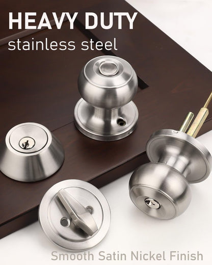 Brotima 3 Pack Keyed Alike Front Door Knob and Deadbolt Set, Entry Door Locksets with Single Cylinder Deadbolt, Satin Nickel Flat Round Door Lock Set for Bedroom/Office/Exterior Doors