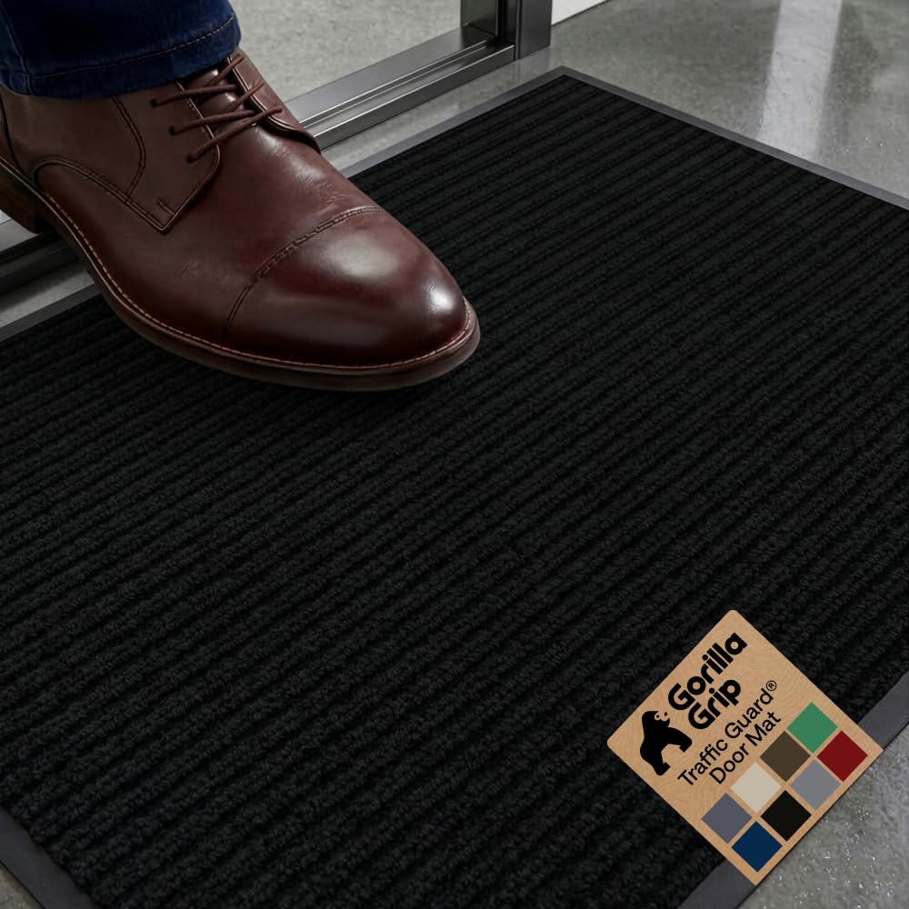 GORILLA GRIP Waterproof Traffic Guard Door Mat, Heavy Duty Entryway Mats, Strong Backing Commercial Utility Rugs for Office Hallway, Garage Floor and Home, Low Profile Carpet Runner, 29x17, Black