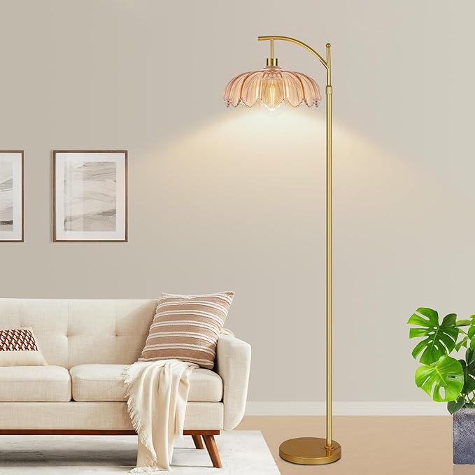 Gold Floor Lamp for Living Room,Bedroom,Mid Century Modern Standing Lamp with Remote,Dimmable Brass Tall Lamp Amber Glass Vintage Retro Arc Floor Lamps Flower Floor Light Boho Bohemian