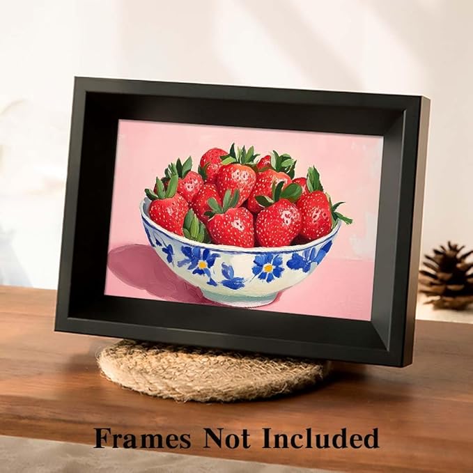 Yesad Strawberry Wall Art Print, Pink Kitchen Wall Décor Fruits Prints Canvas Wall Art Vintage Painting Pictures Modern Wall Décor for Living Room Dining Room Bedroom (Unframed,18”x12”, Strawberry)
