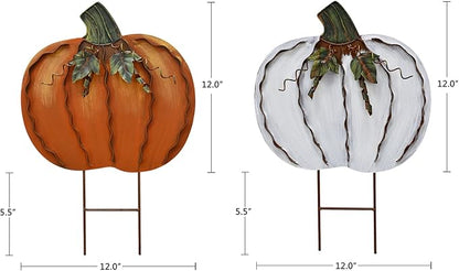 Metal Pumpkin Stakes Yard Signs Fall Decor Decorative Garden Stake Lawn Pumpkins Ornaments Outdoor Autumn Decoration for Harvest Halloween Thanksgiving (17.5" H White+Orange)