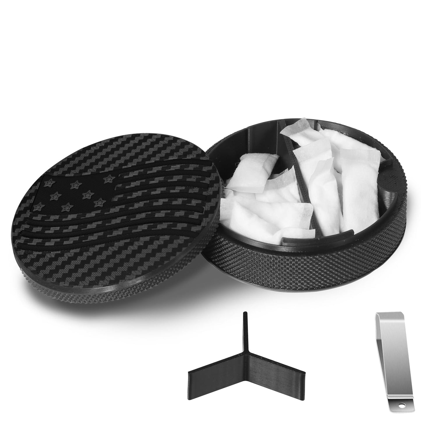 Pouch Container with Divider and Magnetic Lid, Plastic Pouch Holder & Can Compatible with ZYN/NZE/Alpha, Lightweight Pill Box, Comes with Sun Visor Clip (Magnetic Lid – Flag Style)