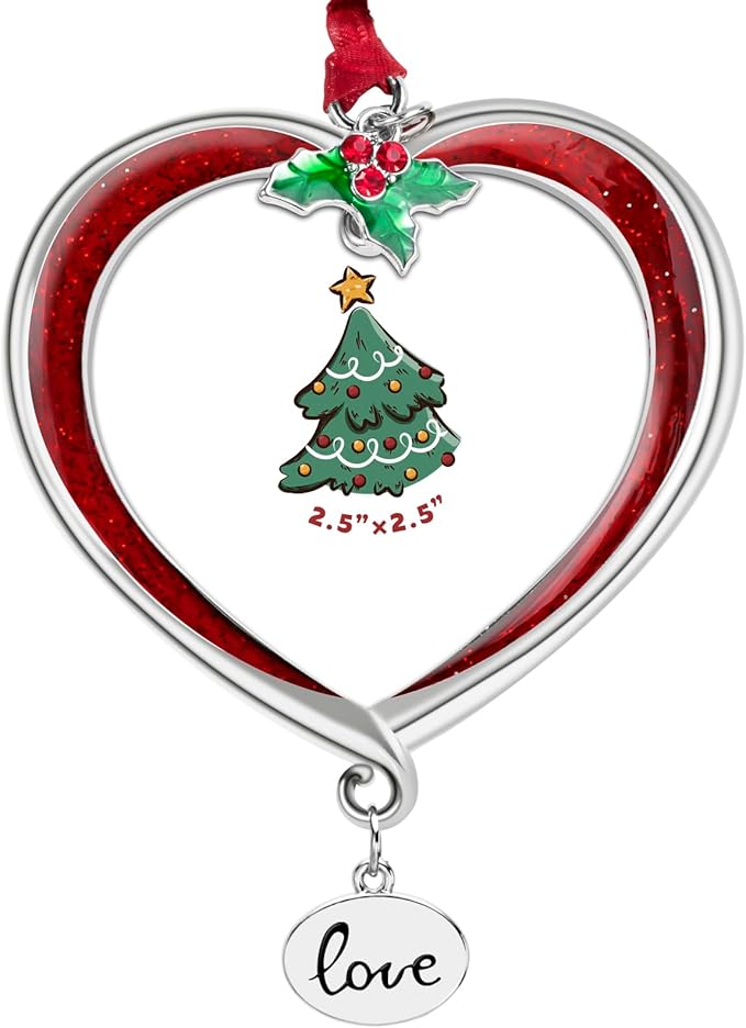 Christmas Tree Ornament Picture Frame Metal Hanging Pendant Holiday 2.5" Photo Frame Charm Decorative of Pets, Baby First Christmas, Family (Love Red)