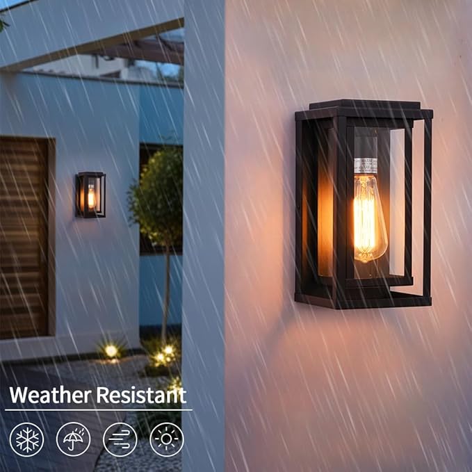 Cerdeco 12” Modern Outdoor Wall Sconce with Rectangular Metal Frame and Transparent Glass Shade,Black Outdoor Lighting for Garage Porch Patio Pack of 2(ETL Listed)