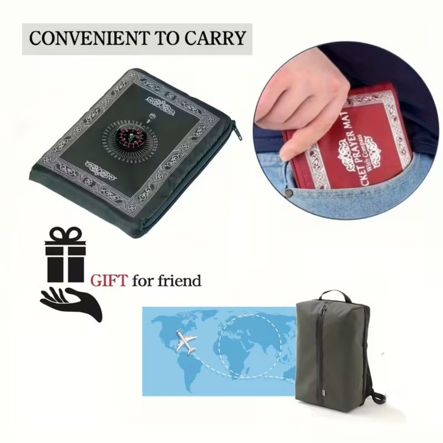 Portable Polyester Muslim Prayer Mat, Square Unnapped Woven Fabric with Directional Compass for Travel & Daily Prayer(D.Green)