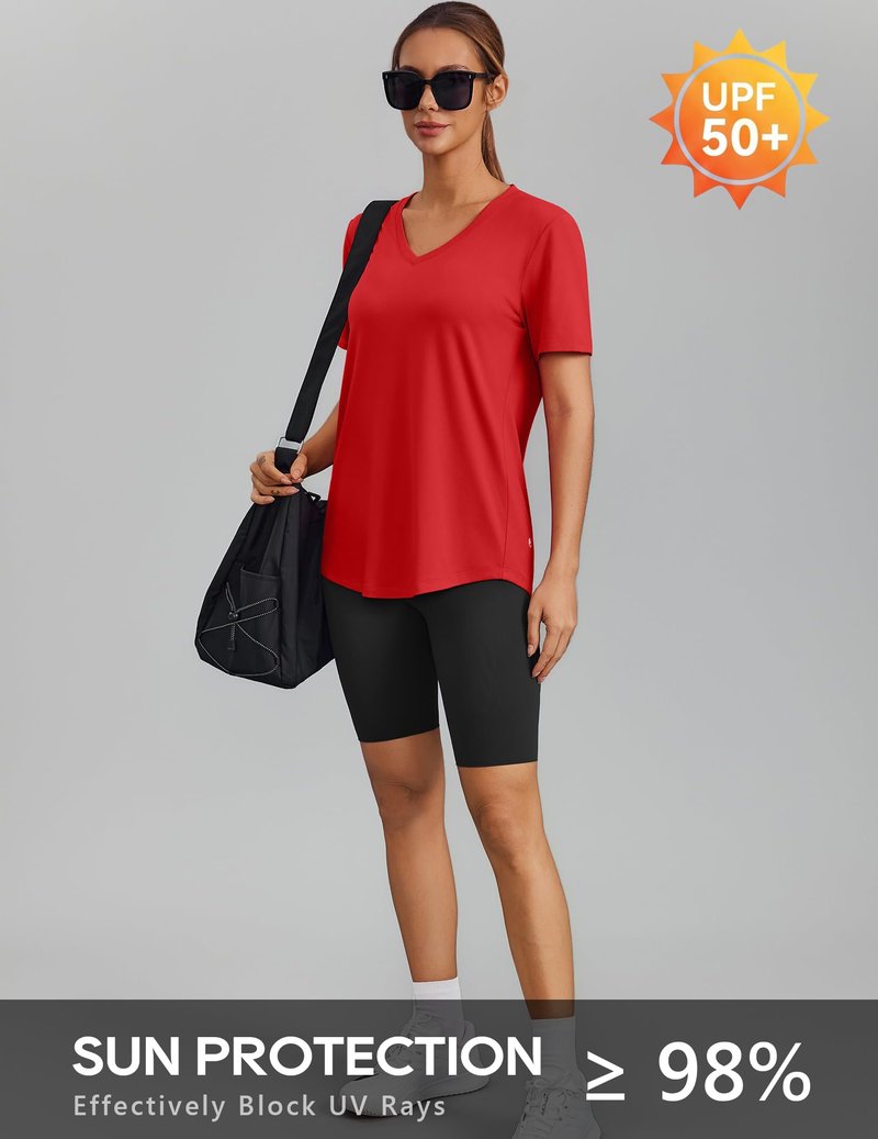 PINSPARK Gym Shirts for Women Short Sleeve V Neck Workout Tops Moisture Wicking Athletic T-Shirts Quick Dry Fitness Exercise,Red X-Large