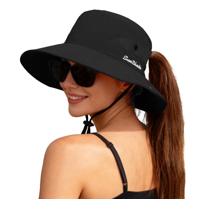 ZOORON 1 Pack Women's Ponytail Safari Sun Hat,Wide Brim UV Protection Outdoor Bucket Hat,Foldable Beach Summer Fishing Hat
