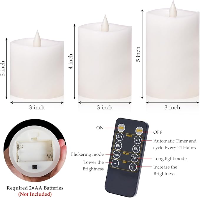 White Flameless Candles Set of 3 | 3 Diameter Realistic Flickering Pillars Candles (3/4/5 Heights) - Battery Operated with Remote Timer, Indoor/Outdoor Decor for Weddings, Fall & Cozy Home