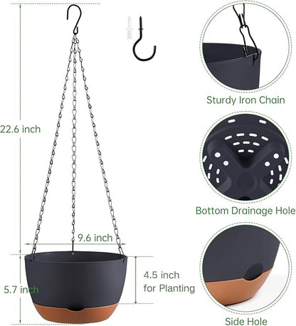 Set of 2 10 Inch Self Watering Hanging Planters for Indoor Outdoor Plants, Color Blocking Hanging Baskets Flower Pots with Drainage Hole & Removable Water-Storage Tray and 20" Chain Hanger