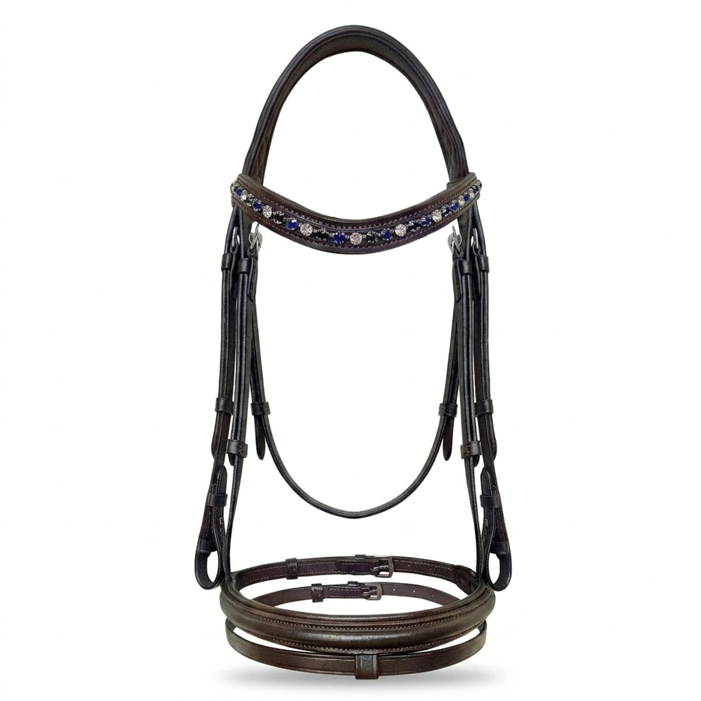 Equine Care Leather English Horse Bridle with Reins, Full Size Havana Brown, Raised Fancy-Stitched Hunter Show Bridle with Blue & Clear Crystal Browband, Padded Crownpiece, Stainless Steel Hardware.