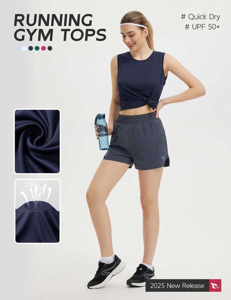 baleaf Women's Sleeveless Workout Tops Athletic Racerback Tank Top High Neck Yoga Running Shirts Loose Fit Gym Tennis Navy Blue M