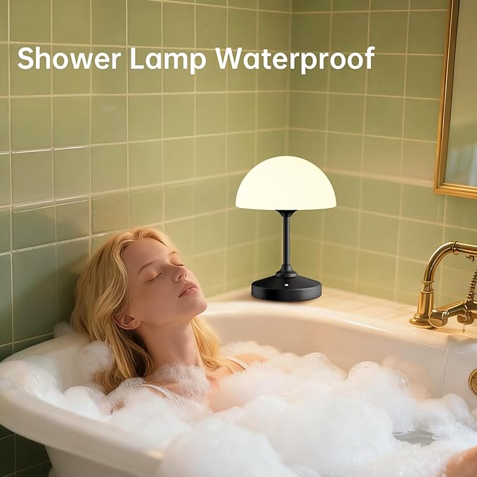 Mushroom Lamp Cordless Lamp Table Lamp,Outdoor Waterproof Shower Lamps,5000mAh Rechargeble Battery Operated Dimmable Touch Desk Lamps,LED Night Light for Bathroom Patio Camping Outdoor(Black)