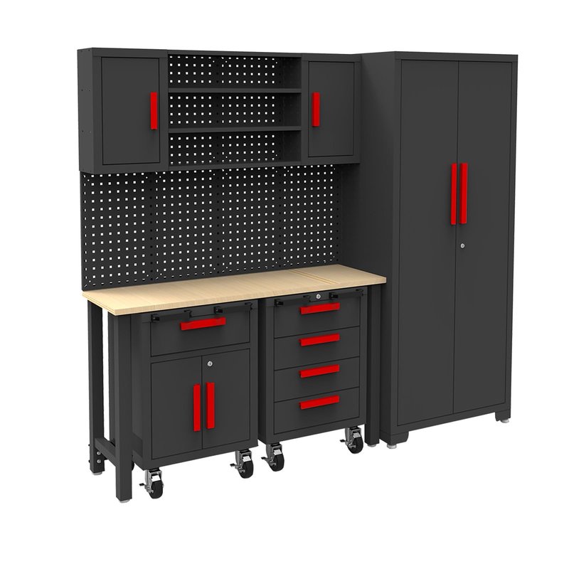 Torin Garage Storage Cabinets System, 6-Pcs Workshop Cabinet Set in Black, Included Steel Cabinets Drawers Rolling Chest and Pegboard,Locked Garage Storage Cabinet