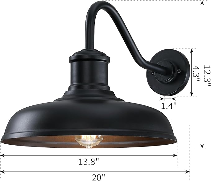 13.8'' Diameter Large Outdoor Gooseneck Barn Light 2 Packs, Outdoor Wall Sconce Farmhouse Exterior Light Wall Lighting Fixture Industrial Outside Lantern for Porch, Patio, Garage, Black (No Sensor)