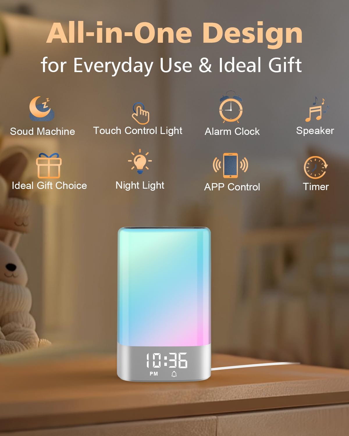 Sound Machine White Noise Machine with 32 Soothing Sounds, Bluetooth Speaker Alarm Clocks for Bedrooms with Wake up Light, Night Light for Kids, App Control Birthday Gifts for Teenage Girls Boys Women