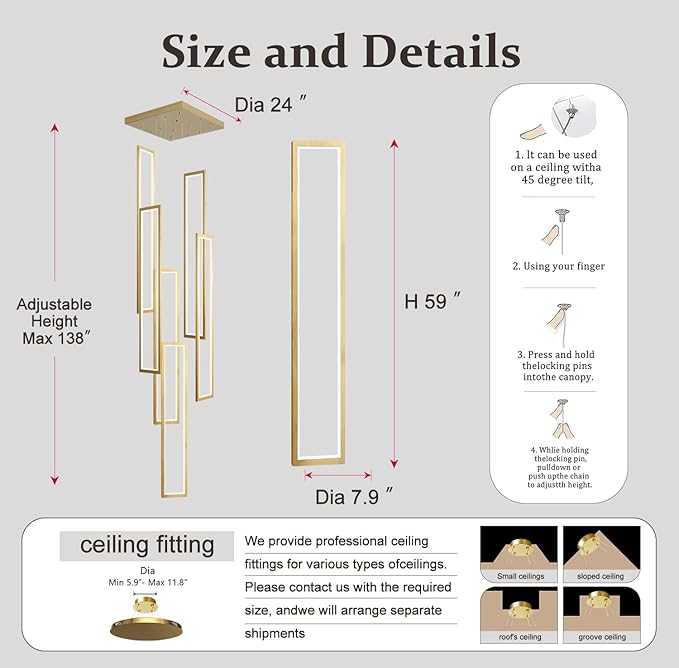Flashing God Large Modern Chandeliers,Gold Chandelier with 6 Ring Led Foyer Chandeliers,High Ceiling Chandelier for Living Room,Rectangle Pendant Lights for Entryway Staircase LED Dimming 2700k-6001k