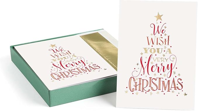 Masterpiece We Wish You A Very Merry Christmas Cards / 16 Boxed Winter Holiday Card Set With Gold Foil Accents And Coordinating Gold Foil Lined White Envelopes / 5 5/8" x 7 7/8" Folded Stars Evergreen Tree Greeting Cards With Inside Verse