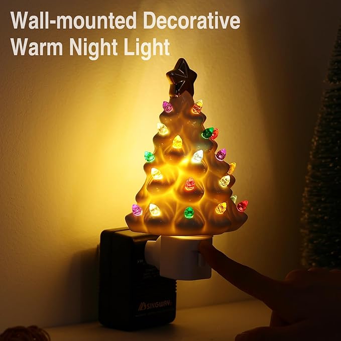 B SEPOR Nostalgic 6.5" Ceramic Christmas Tree That Light Up Wall Mounted Type Plug-in Night Light Mini Decorative Lamp