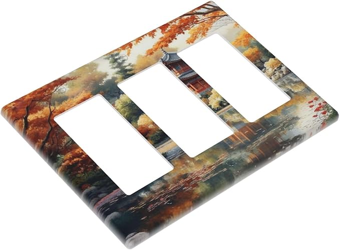 Decorative Art Light Switch Covers Lake & Pagoda in Fall 3 Gang Triple Rocker Outlet Switch plate GFCI Faceplate GFCI for Home Decor