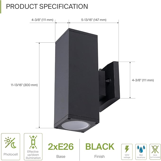 ASD 2 Light Square Dusk to Dawn Outdoor Wall Light Fixture | 120W E26 Socket 120V ETL Cylinder Up Down Lights | LED/CFL/Incandescent Bulb Exterior Wall Sconce | Front Door, Porch Patio | Black